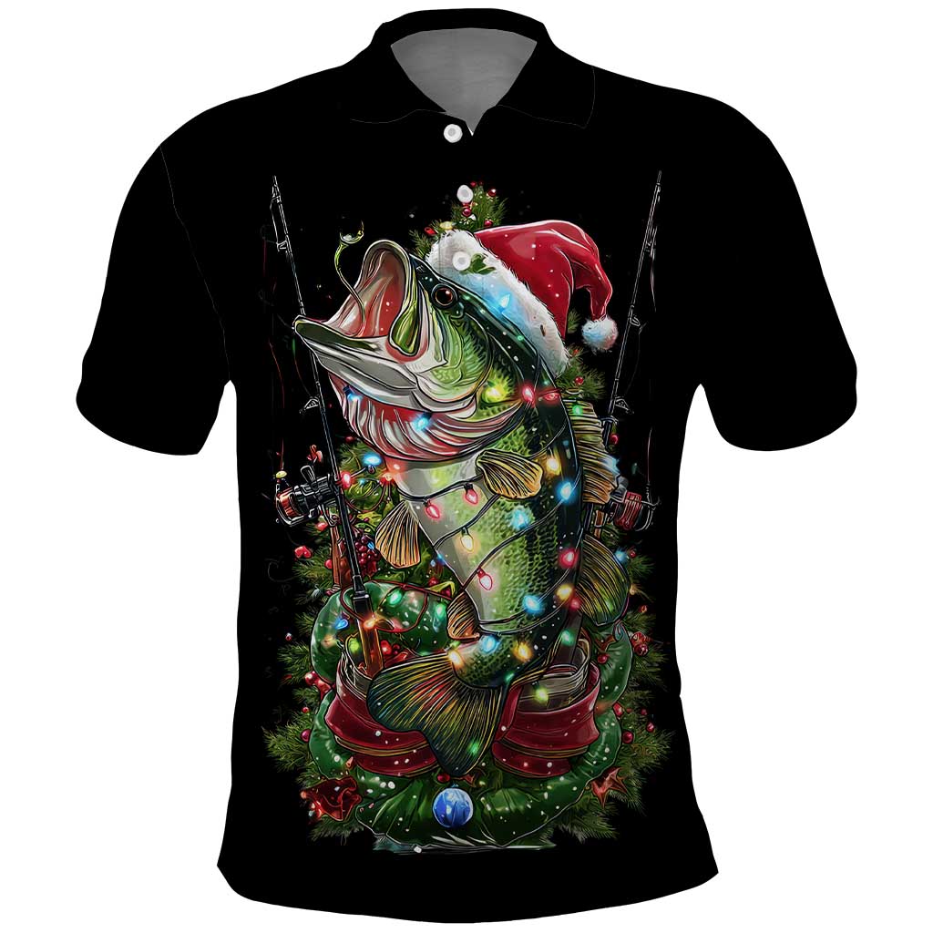 Custom Christmas Bass Fishing Polo Shirt Santa Hat and Holiday Lights on Black Background TS04