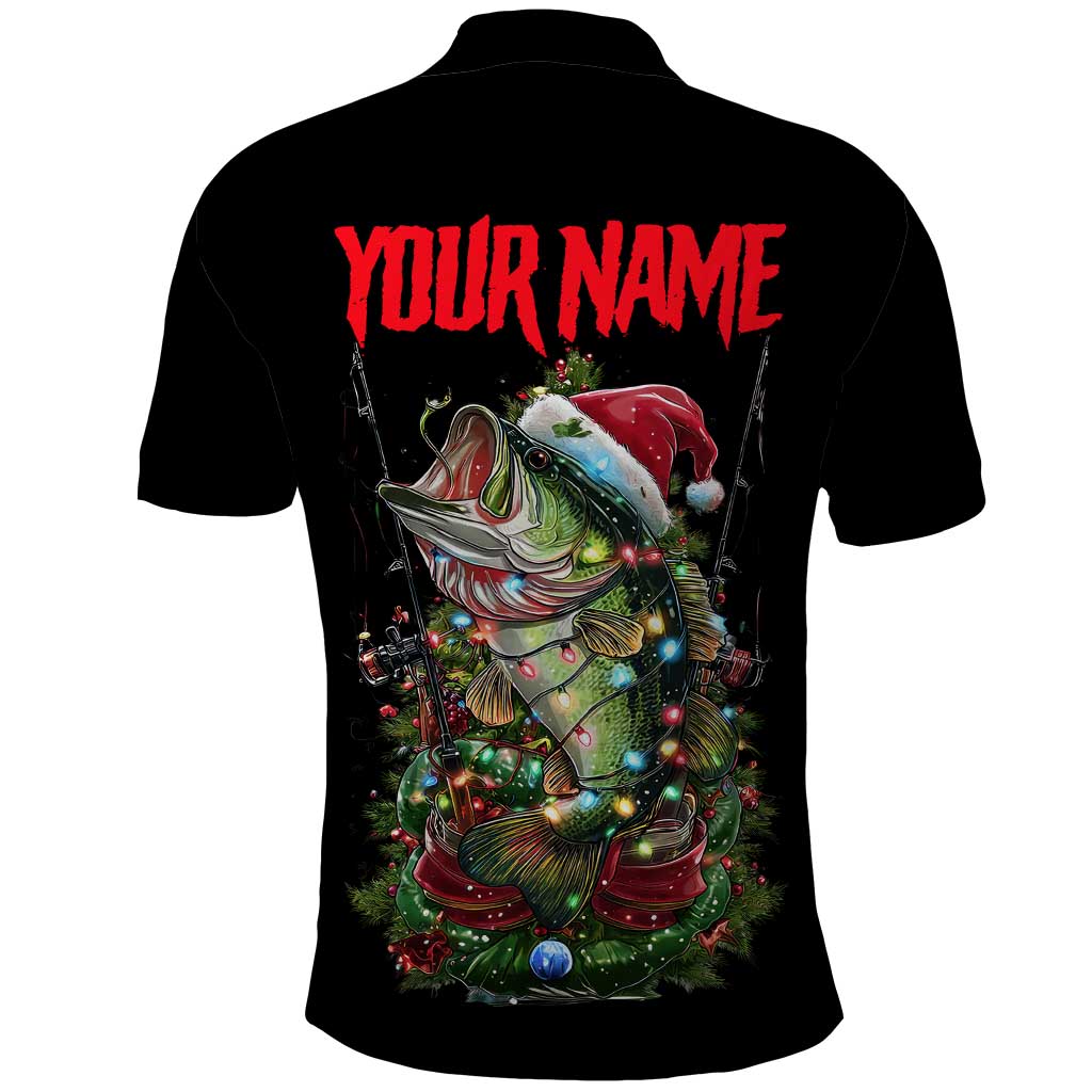Custom Christmas Bass Fishing Polo Shirt Santa Hat and Holiday Lights on Black Background TS04