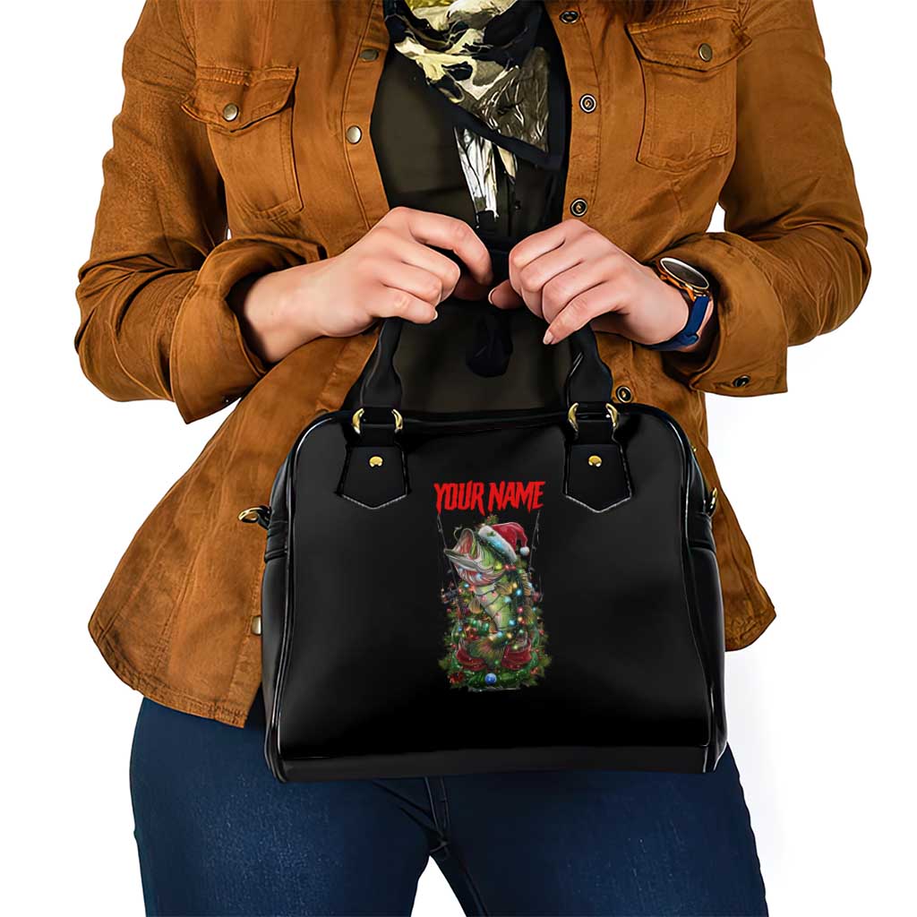Custom Christmas Bass Fishing Shoulder Handbag Santa Hat and Holiday Lights on Black Background TS04