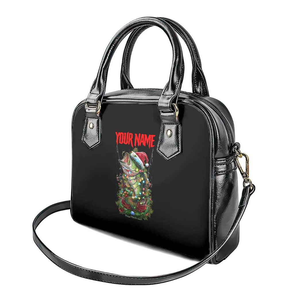 Custom Christmas Bass Fishing Shoulder Handbag Santa Hat and Holiday Lights on Black Background TS04