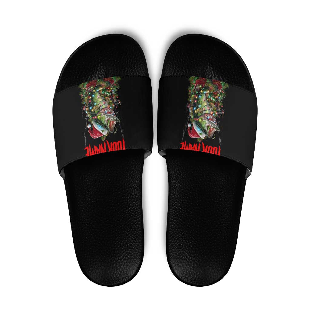 Custom Christmas Bass Fishing Slide Sandals Santa Hat and Holiday Lights on Black Background TS04