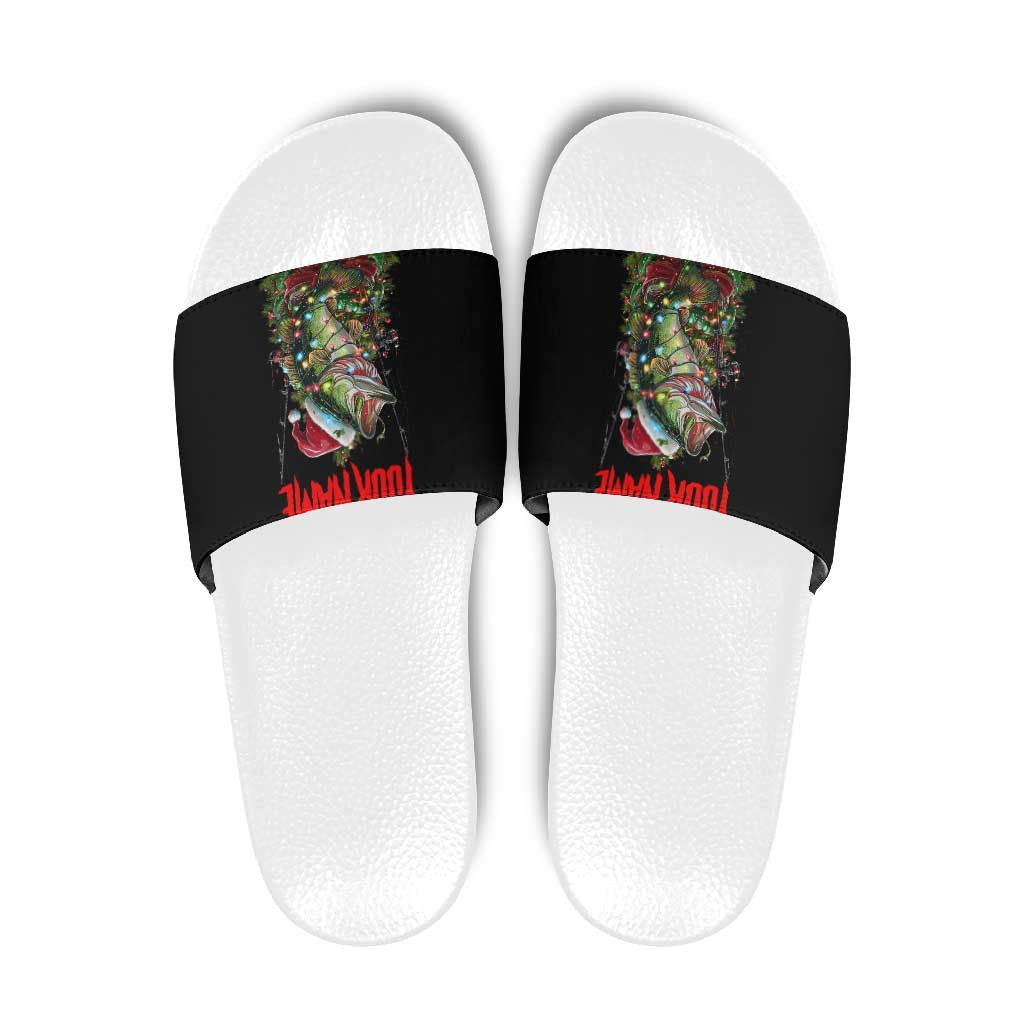 Custom Christmas Bass Fishing Slide Sandals Santa Hat and Holiday Lights on Black Background TS04