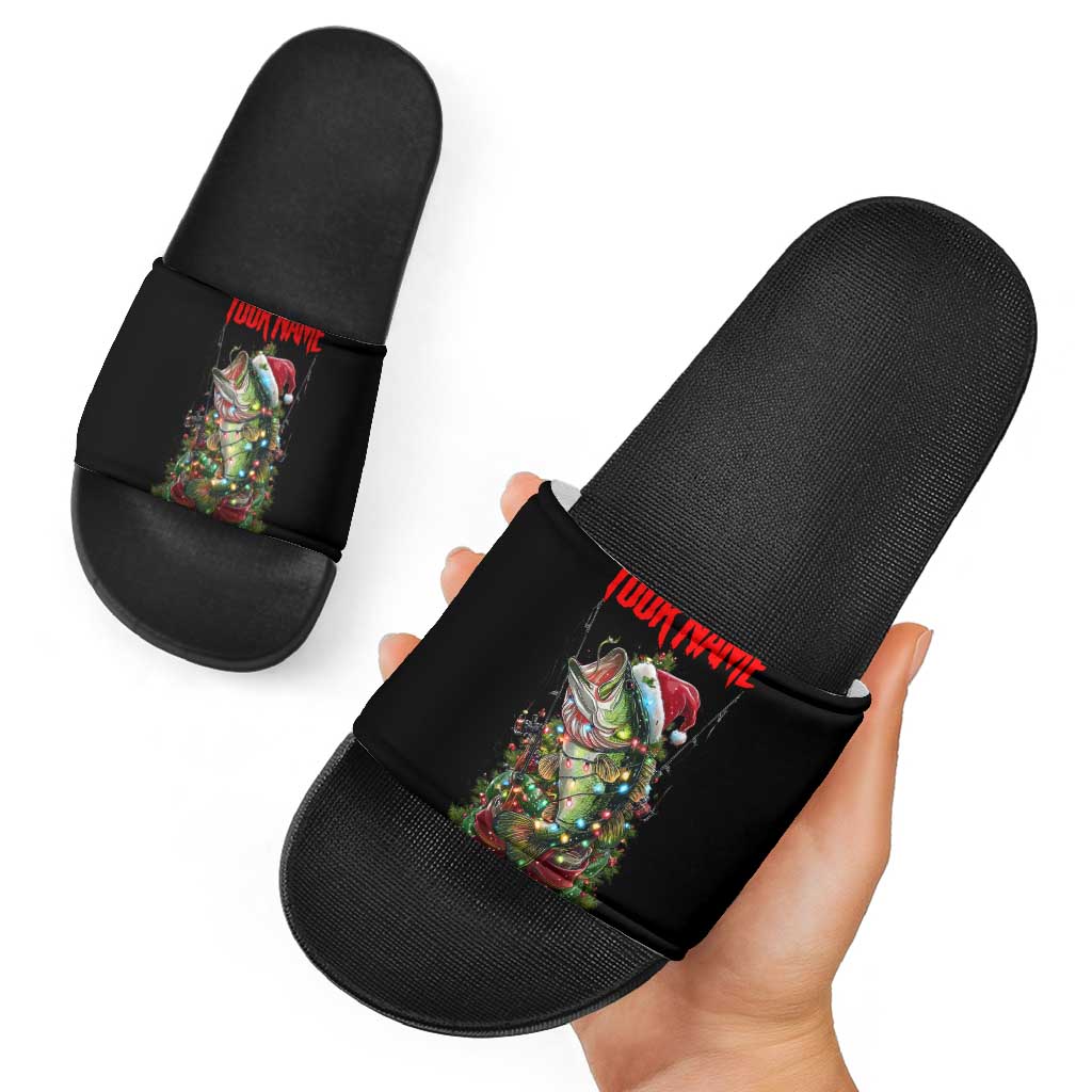 Custom Christmas Bass Fishing Slide Sandals Santa Hat and Holiday Lights on Black Background TS04
