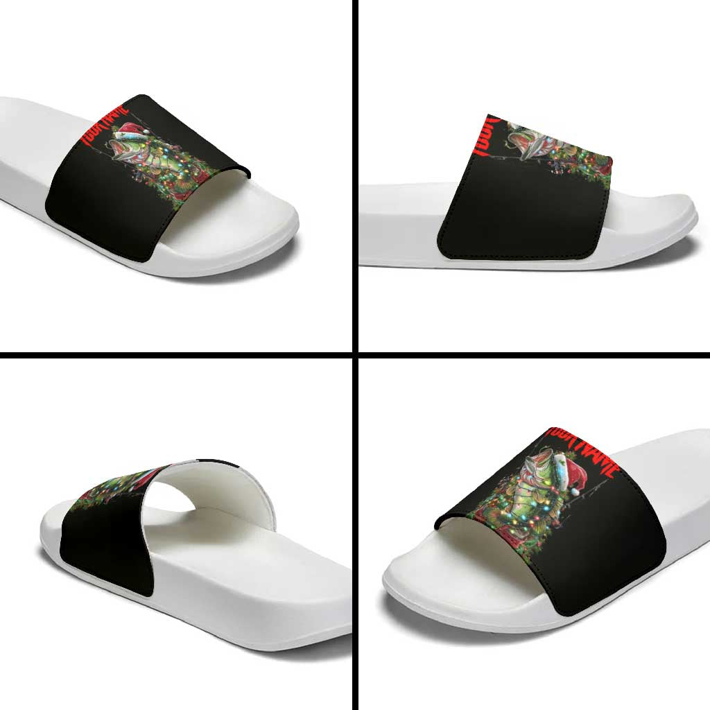 Custom Christmas Bass Fishing Slide Sandals Santa Hat and Holiday Lights on Black Background TS04