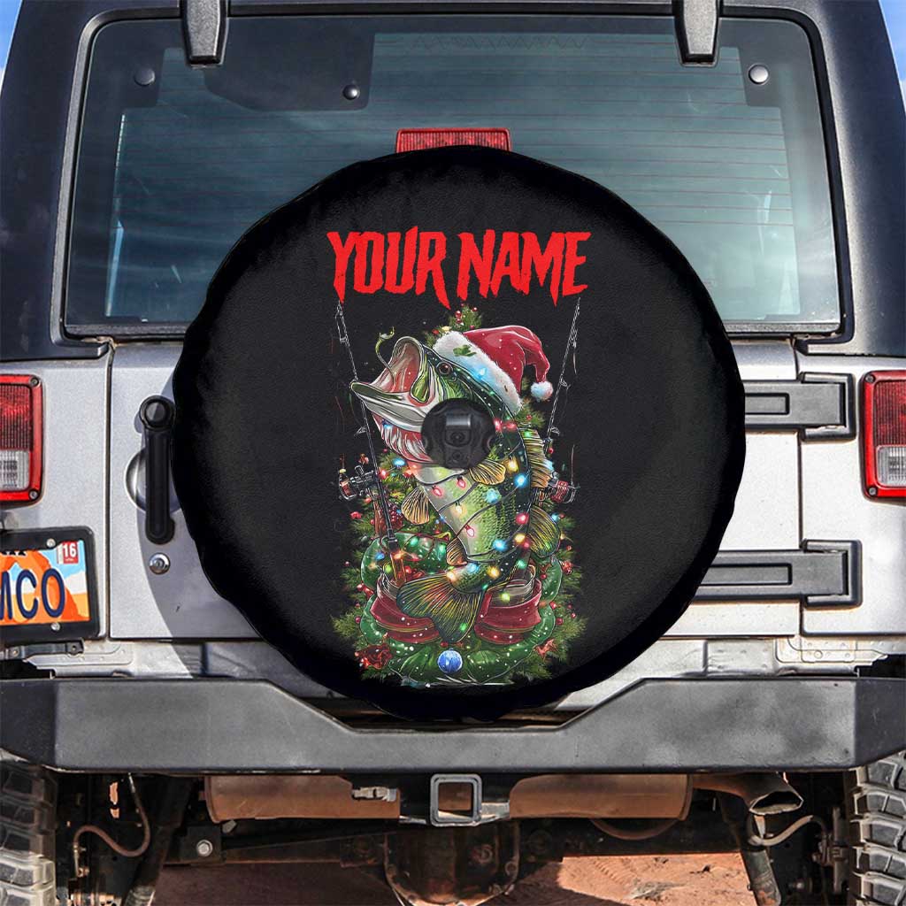 Custom Christmas Bass Fishing Spare Tire Cover Santa Hat and Holiday Lights on Black Background TS04