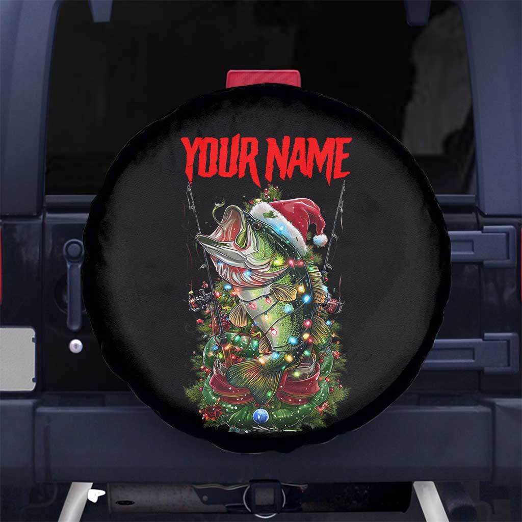 Custom Christmas Bass Fishing Spare Tire Cover Santa Hat and Holiday Lights on Black Background TS04