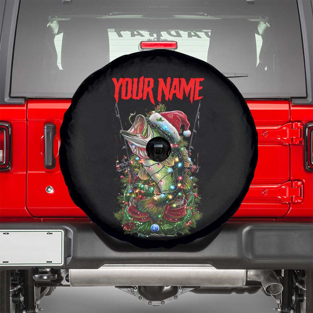 Custom Christmas Bass Fishing Spare Tire Cover Santa Hat and Holiday Lights on Black Background TS04