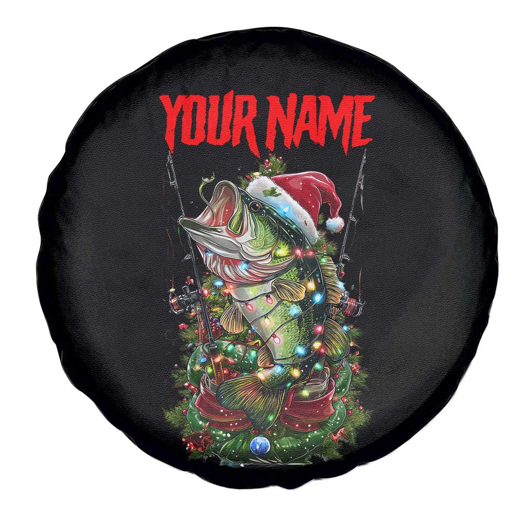 Custom Christmas Bass Fishing Spare Tire Cover Santa Hat and Holiday Lights on Black Background TS04