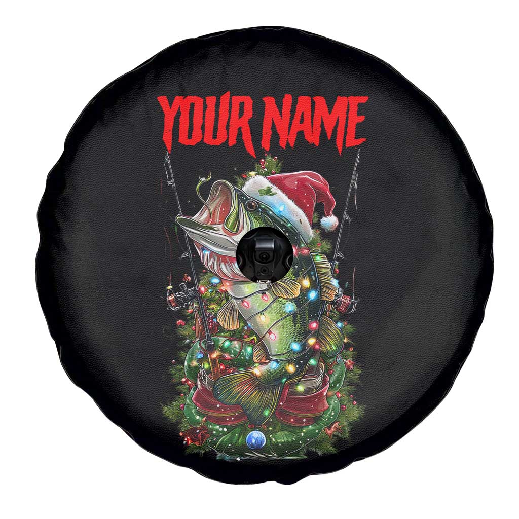 Custom Christmas Bass Fishing Spare Tire Cover Santa Hat and Holiday Lights on Black Background TS04