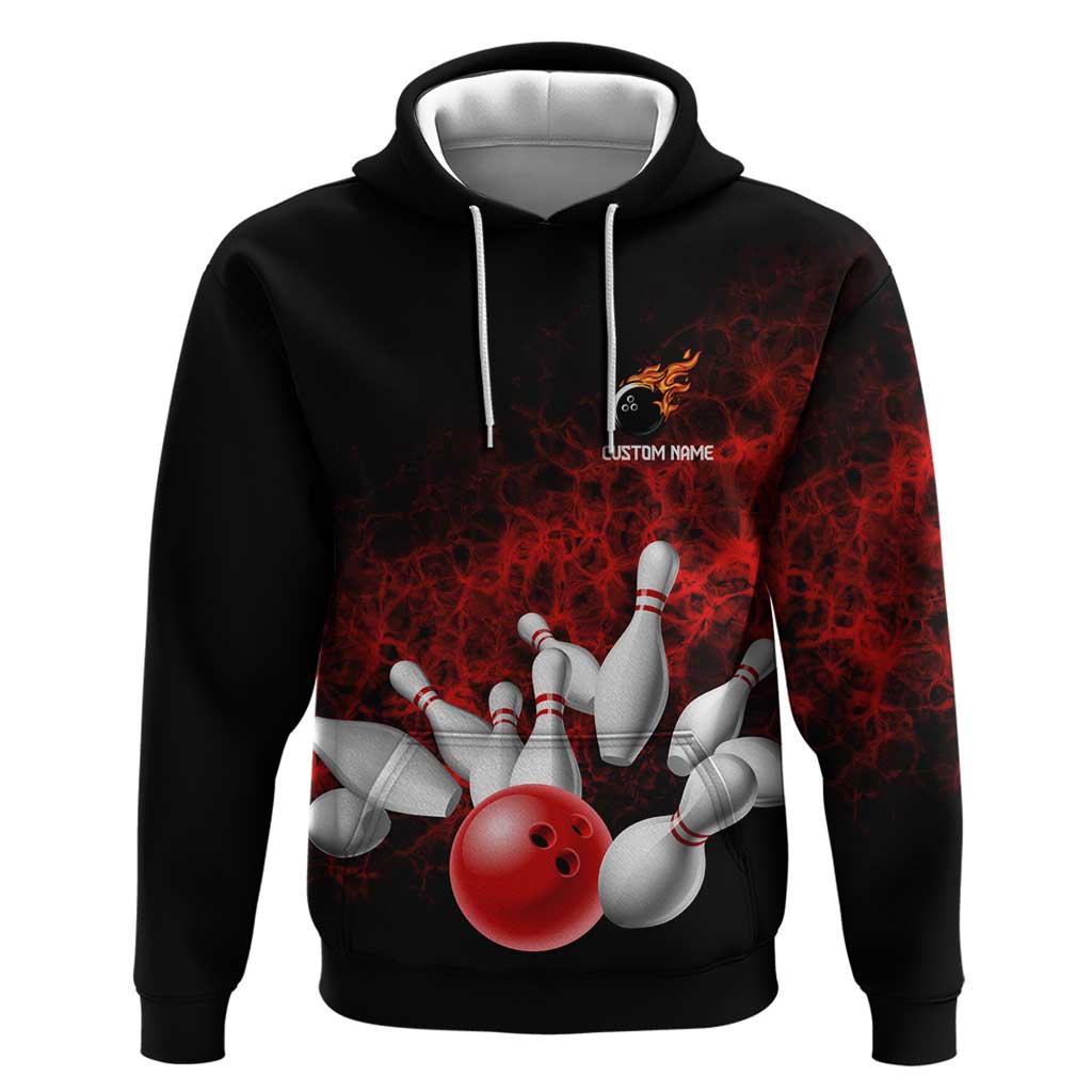 Red Bowling Ball and Pins Design Hoodie with Fiery Smoke Background and Custom Team Name Text TS04