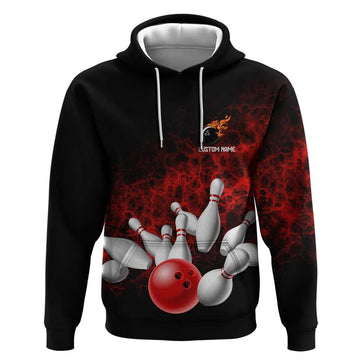 Red Bowling Ball and Pins Design Hoodie with Fiery Smoke Background and Custom Team Name Text TS04
