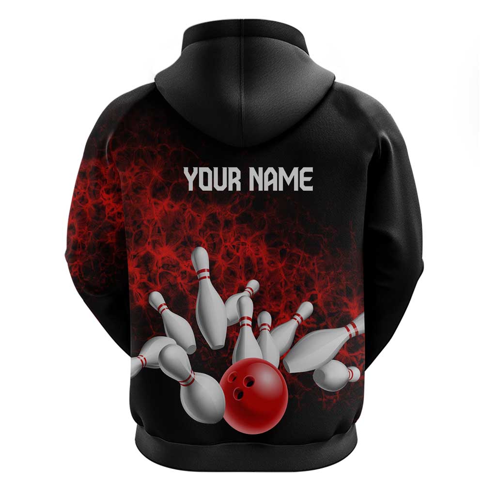 Red Bowling Ball and Pins Design Hoodie with Fiery Smoke Background and Custom Team Name Text TS04