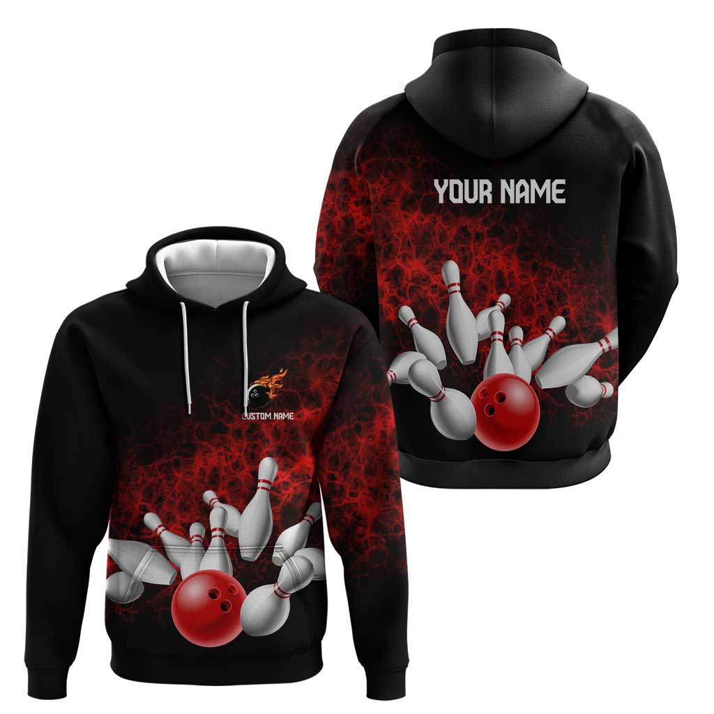 Red Bowling Ball and Pins Design Hoodie with Fiery Smoke Background and Custom Team Name Text TS04