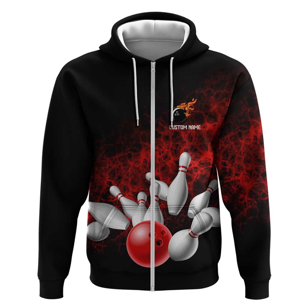 Red Bowling Ball and Pins Design Hoodie with Fiery Smoke Background and Custom Team Name Text TS04