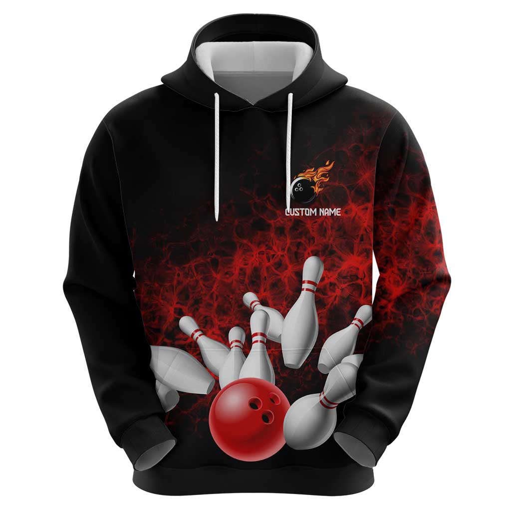 Red Bowling Ball and Pins Design Hoodie with Fiery Smoke Background and Custom Team Name Text TS04