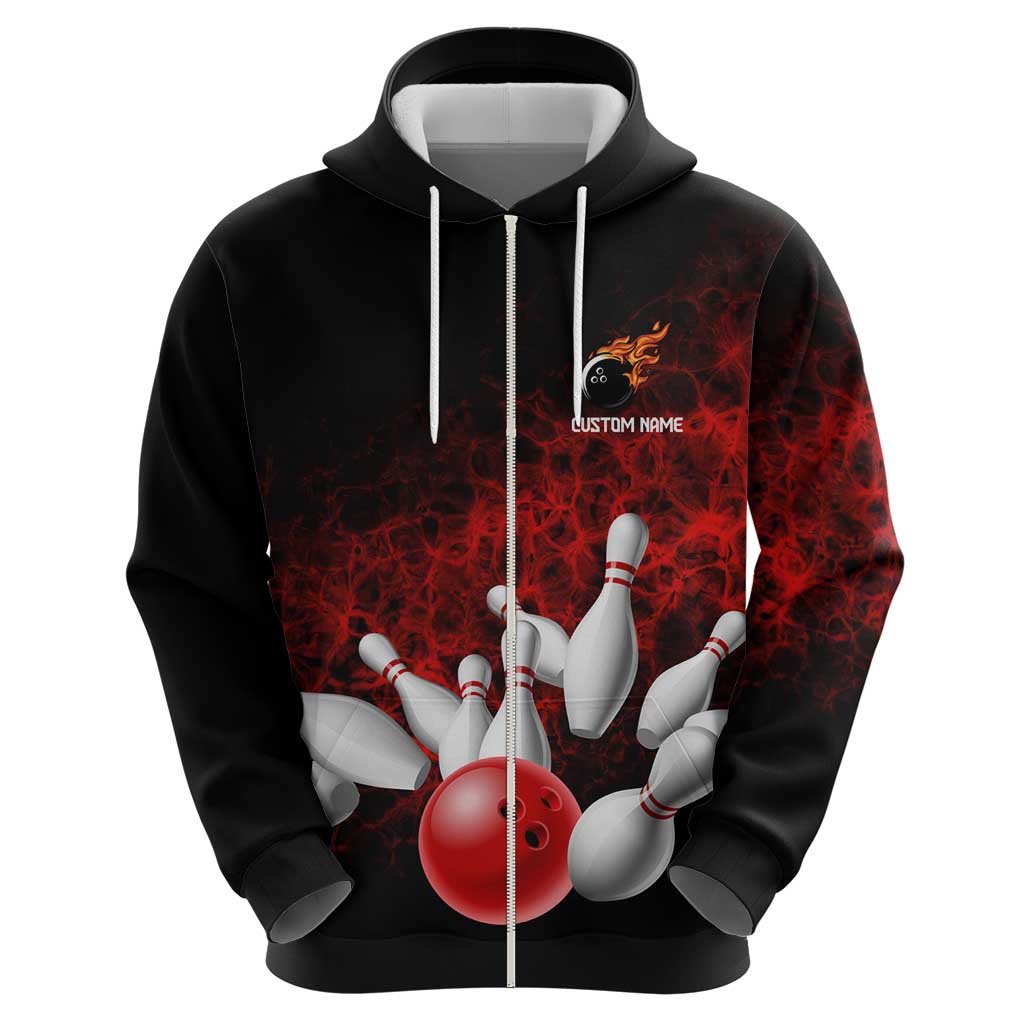 Red Bowling Ball and Pins Design Hoodie with Fiery Smoke Background and Custom Team Name Text TS04