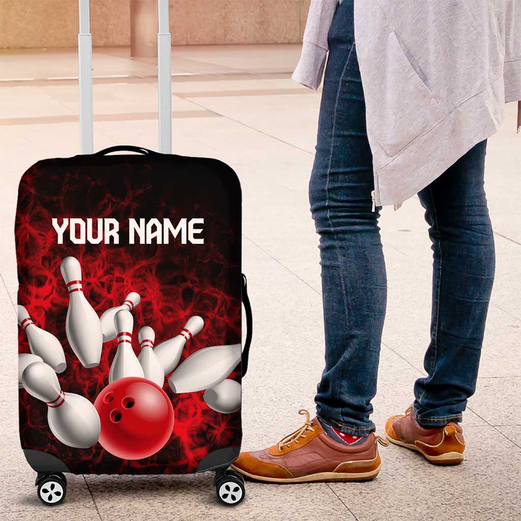 Red Bowling Ball and Pins Design Luggage Cover with Fiery Smoke Background and Custom Team Name Text TS04