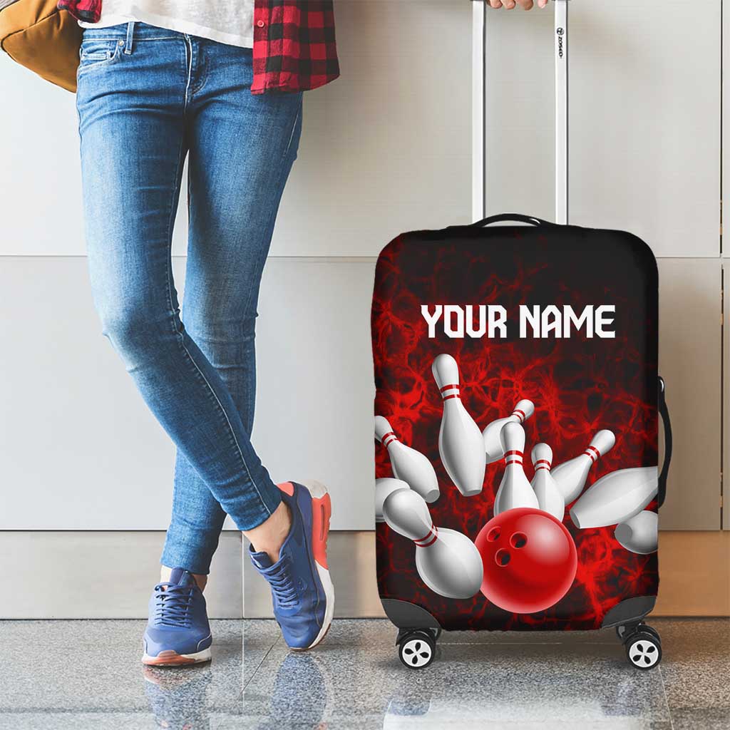Red Bowling Ball and Pins Design Luggage Cover with Fiery Smoke Background and Custom Team Name Text TS04