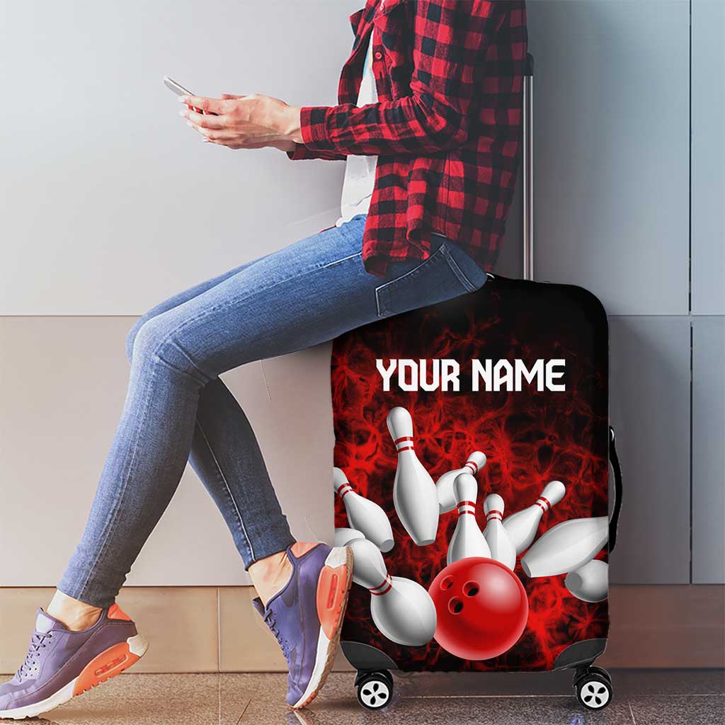 Red Bowling Ball and Pins Design Luggage Cover with Fiery Smoke Background and Custom Team Name Text TS04