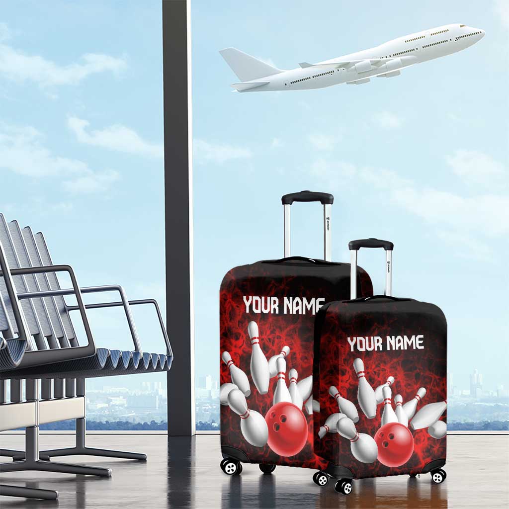 Red Bowling Ball and Pins Design Luggage Cover with Fiery Smoke Background and Custom Team Name Text TS04