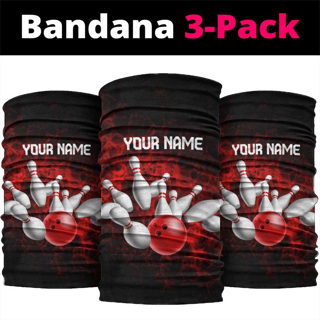 Red Bowling Ball and Pins Design Neck Gaiter with Fiery Smoke Background and Custom Team Name Text TS04