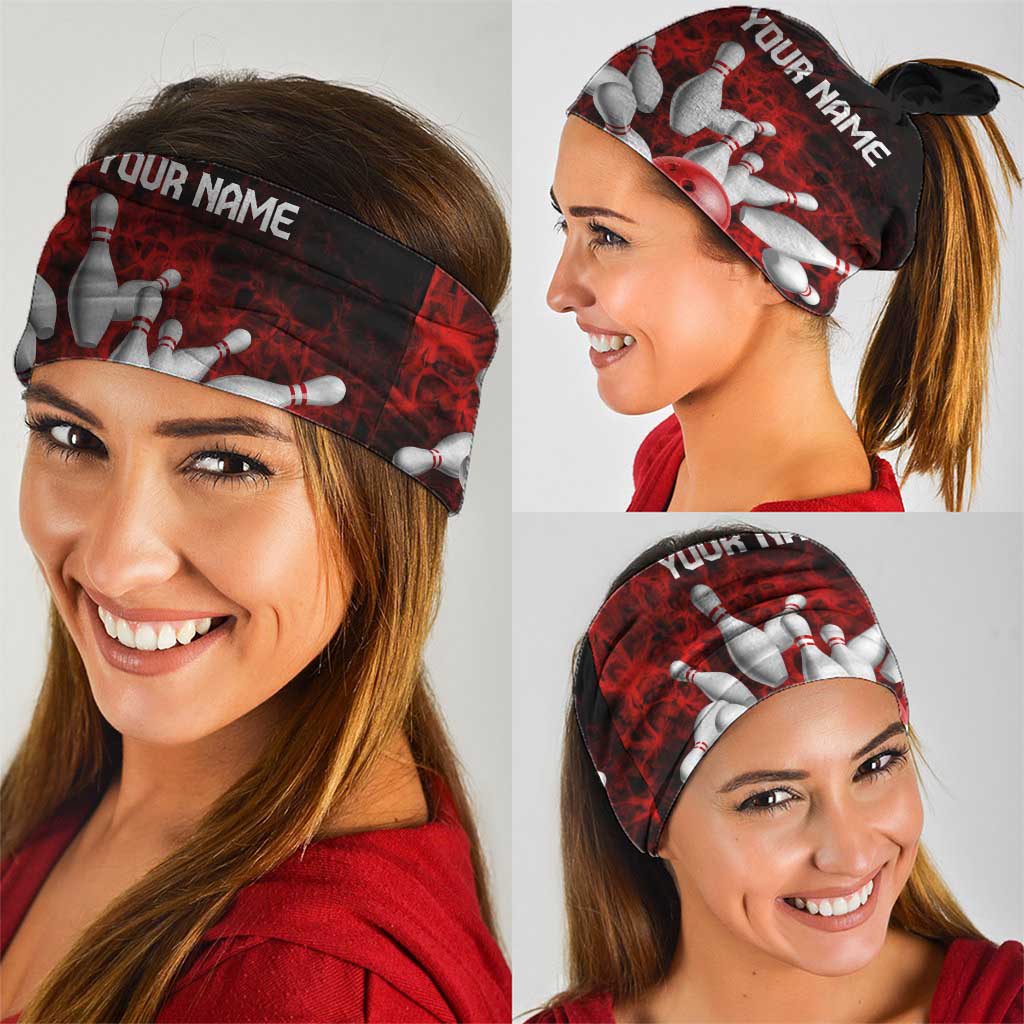 Red Bowling Ball and Pins Design Neck Gaiter with Fiery Smoke Background and Custom Team Name Text TS04