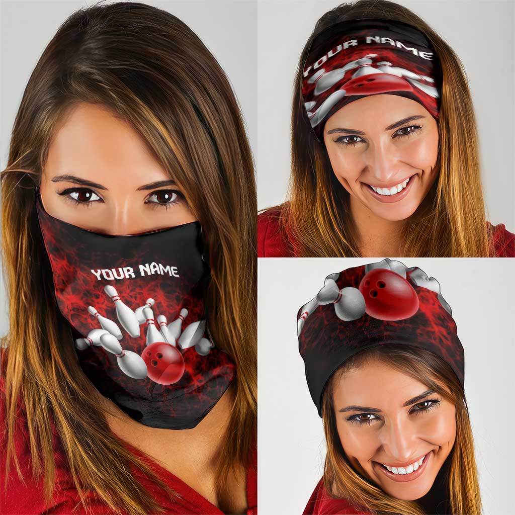 Red Bowling Ball and Pins Design Neck Gaiter with Fiery Smoke Background and Custom Team Name Text TS04