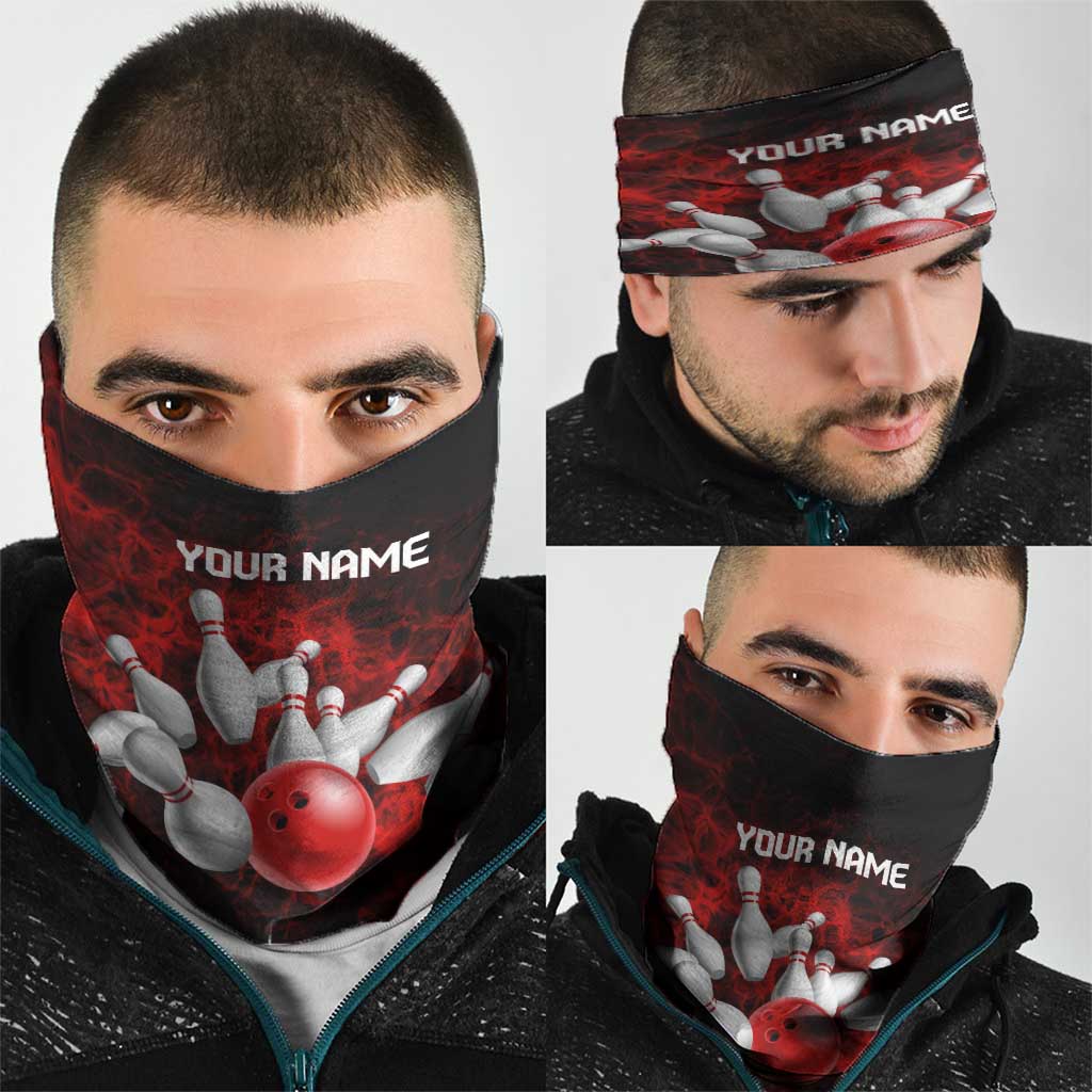 Red Bowling Ball and Pins Design Neck Gaiter with Fiery Smoke Background and Custom Team Name Text TS04