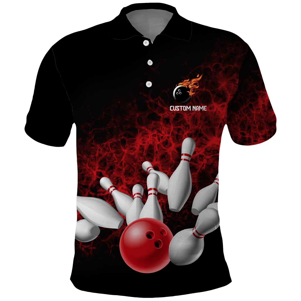 Red Bowling Ball and Pins Design Polo Shirt with Fiery Smoke Background and Custom Team Name Text TS04