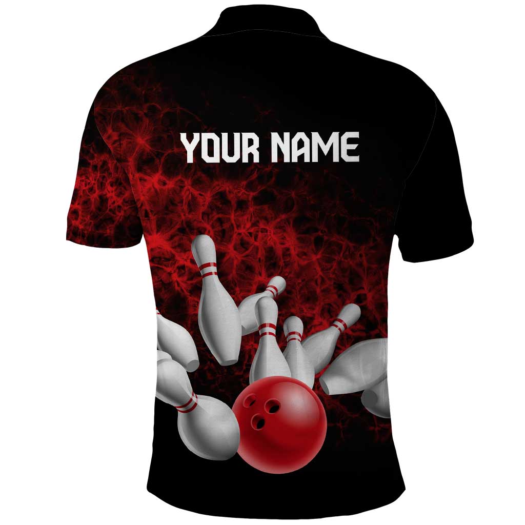 Red Bowling Ball and Pins Design Polo Shirt with Fiery Smoke Background and Custom Team Name Text TS04