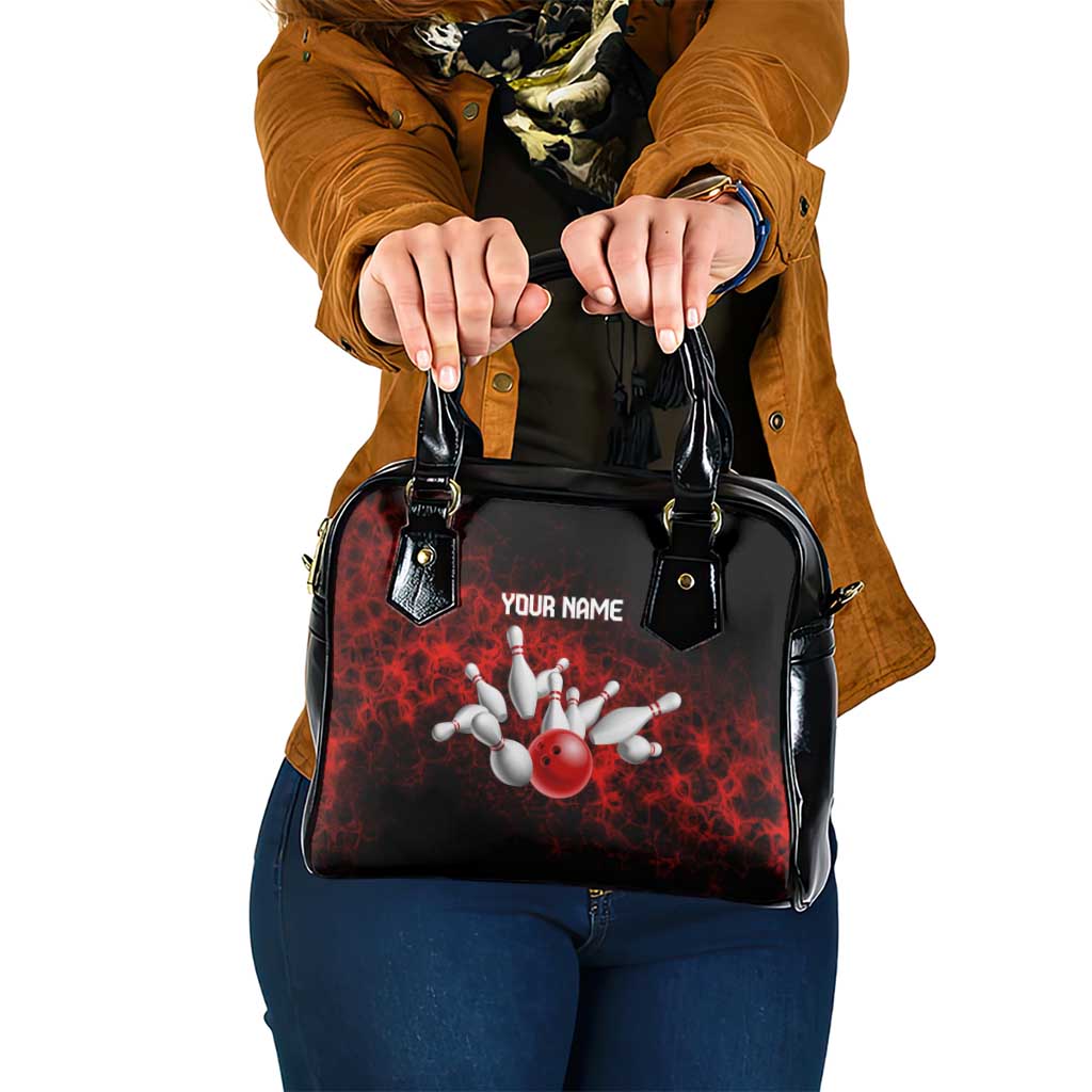 Red Bowling Ball and Pins Design Shoulder Handbag with Fiery Smoke Background and Custom Team Name Text TS04