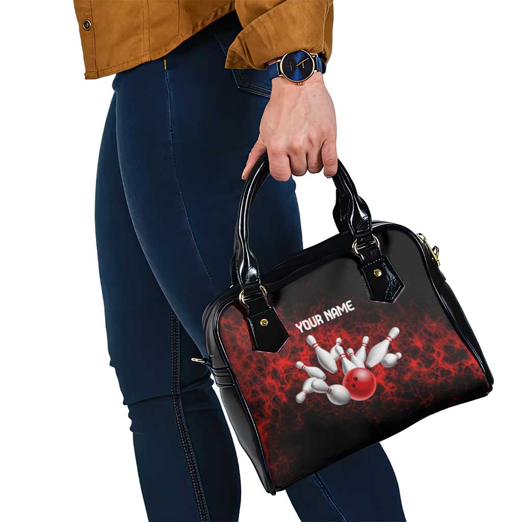 Red Bowling Ball and Pins Design Shoulder Handbag with Fiery Smoke Background and Custom Team Name Text TS04