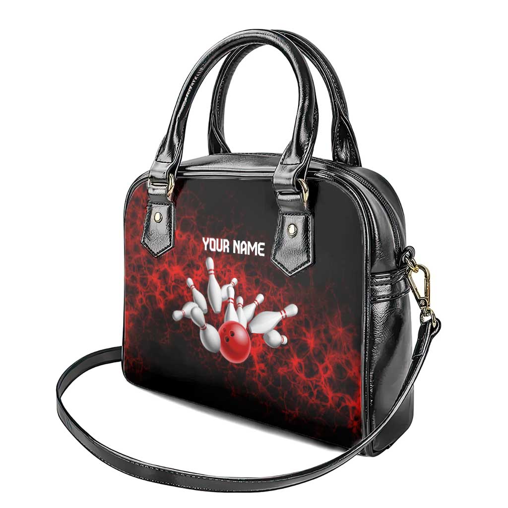 Red Bowling Ball and Pins Design Shoulder Handbag with Fiery Smoke Background and Custom Team Name Text TS04
