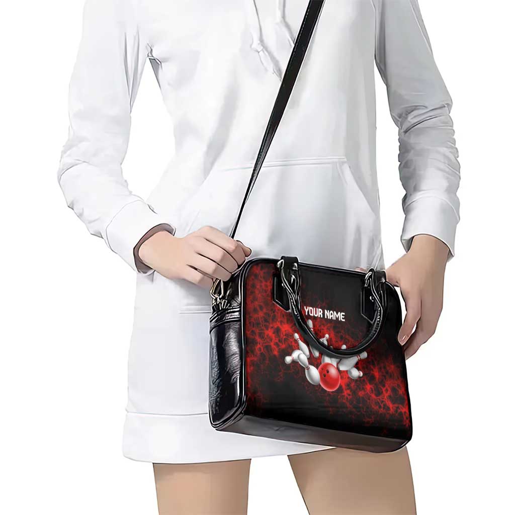 Red Bowling Ball and Pins Design Shoulder Handbag with Fiery Smoke Background and Custom Team Name Text TS04