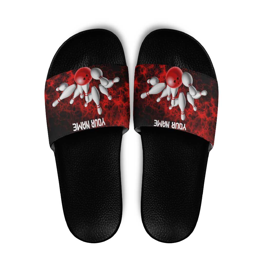 Red Bowling Ball and Pins Design Slide Sandals with Fiery Smoke Background and Custom Team Name Text TS04