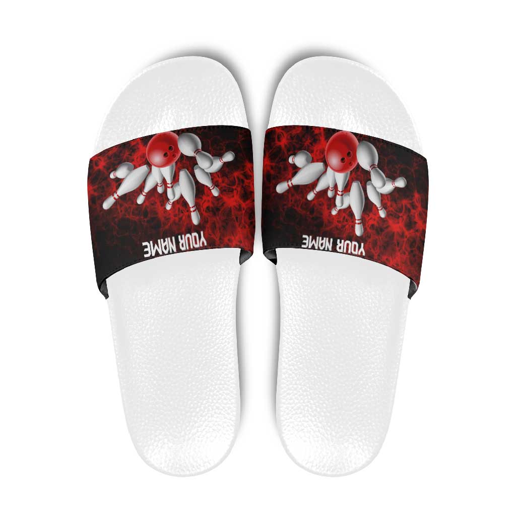 Red Bowling Ball and Pins Design Slide Sandals with Fiery Smoke Background and Custom Team Name Text TS04