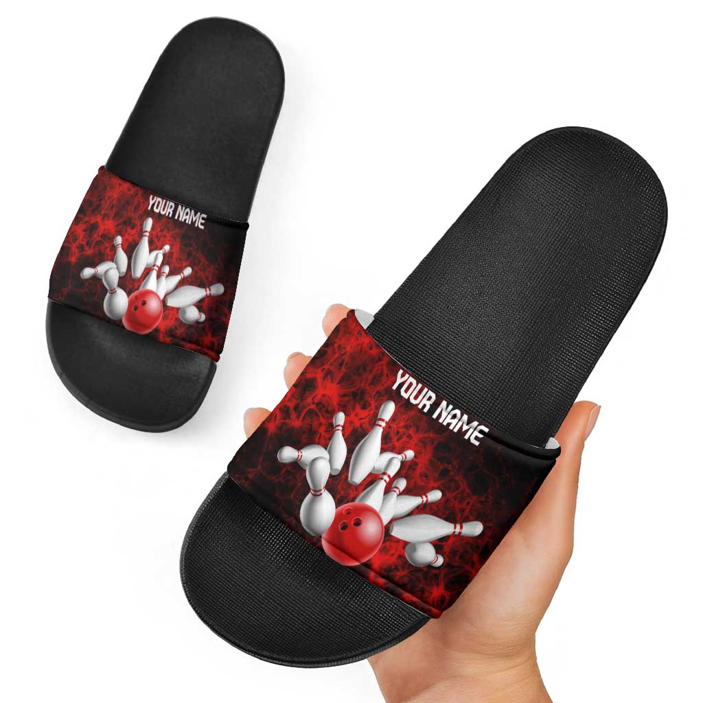 Red Bowling Ball and Pins Design Slide Sandals with Fiery Smoke Background and Custom Team Name Text TS04