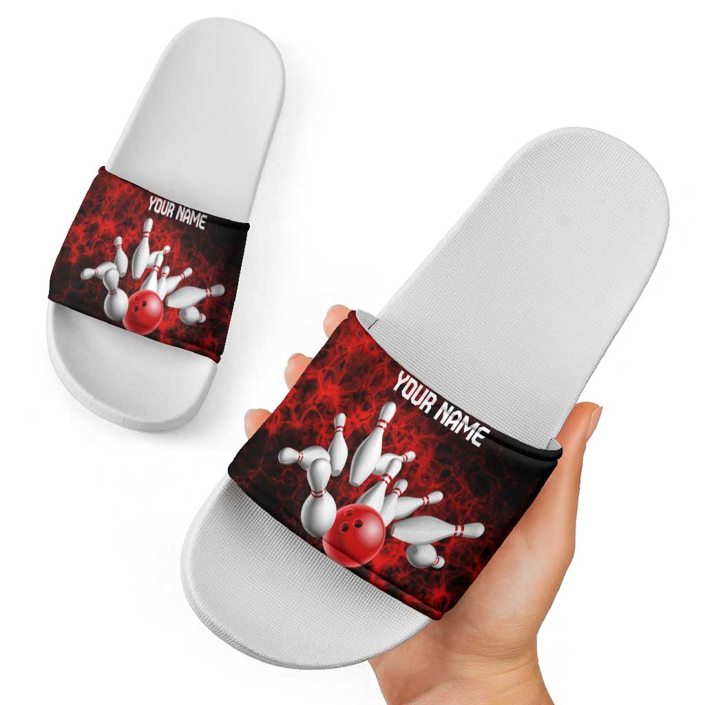 Red Bowling Ball and Pins Design Slide Sandals with Fiery Smoke Background and Custom Team Name Text TS04