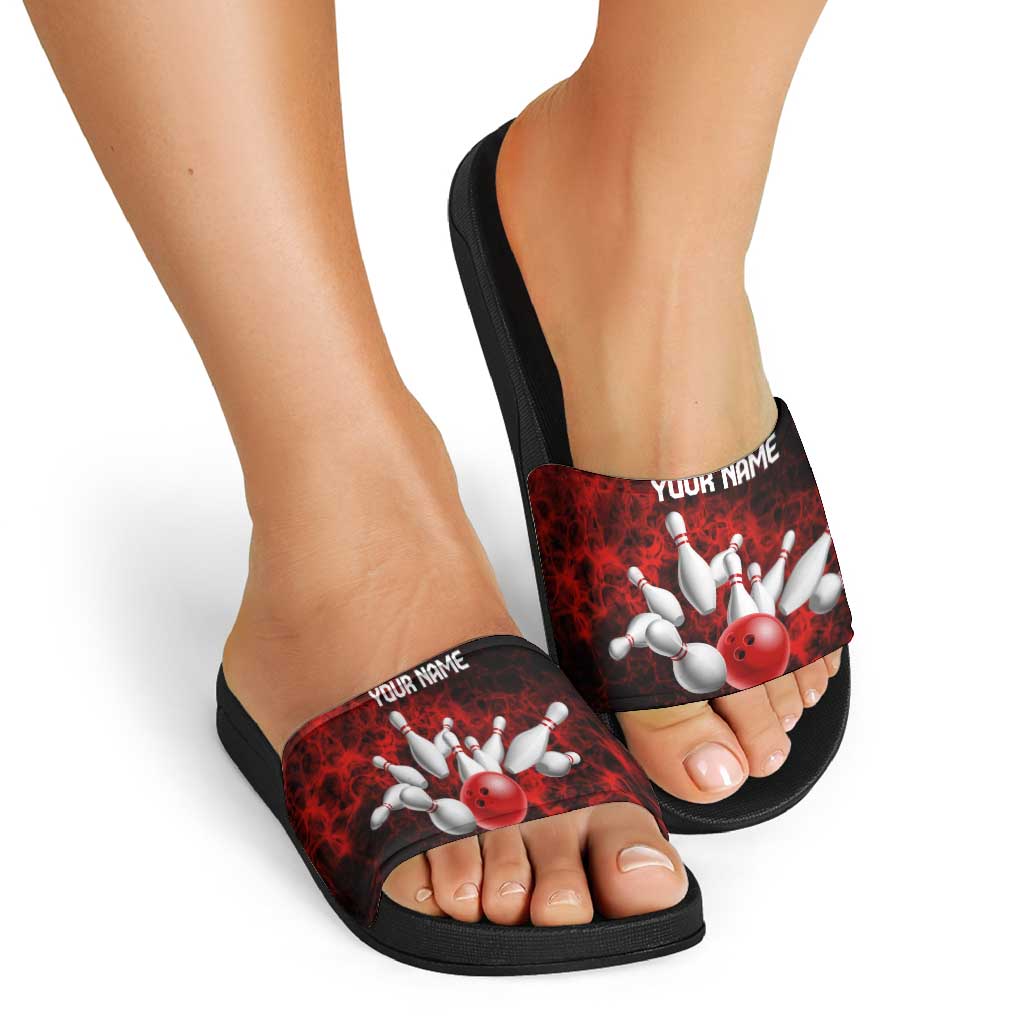 Red Bowling Ball and Pins Design Slide Sandals with Fiery Smoke Background and Custom Team Name Text TS04