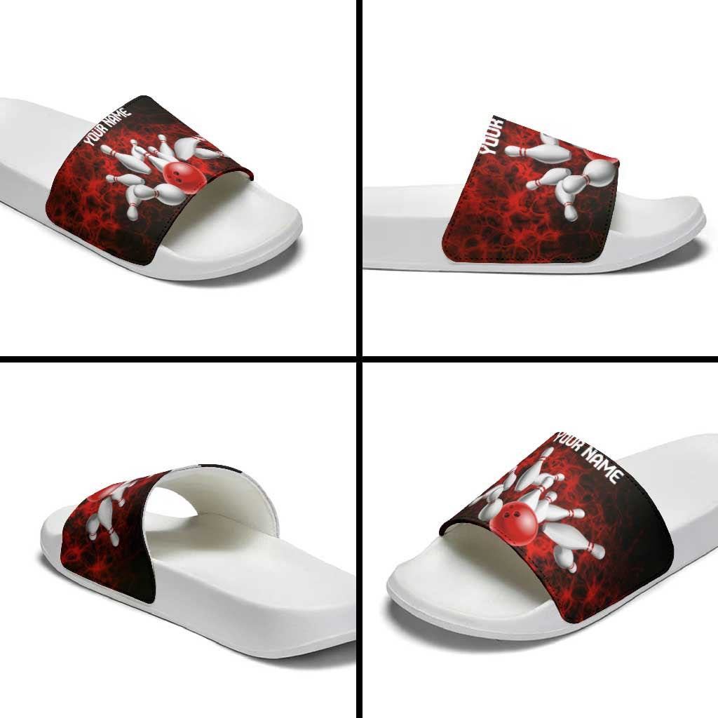 Red Bowling Ball and Pins Design Slide Sandals with Fiery Smoke Background and Custom Team Name Text TS04