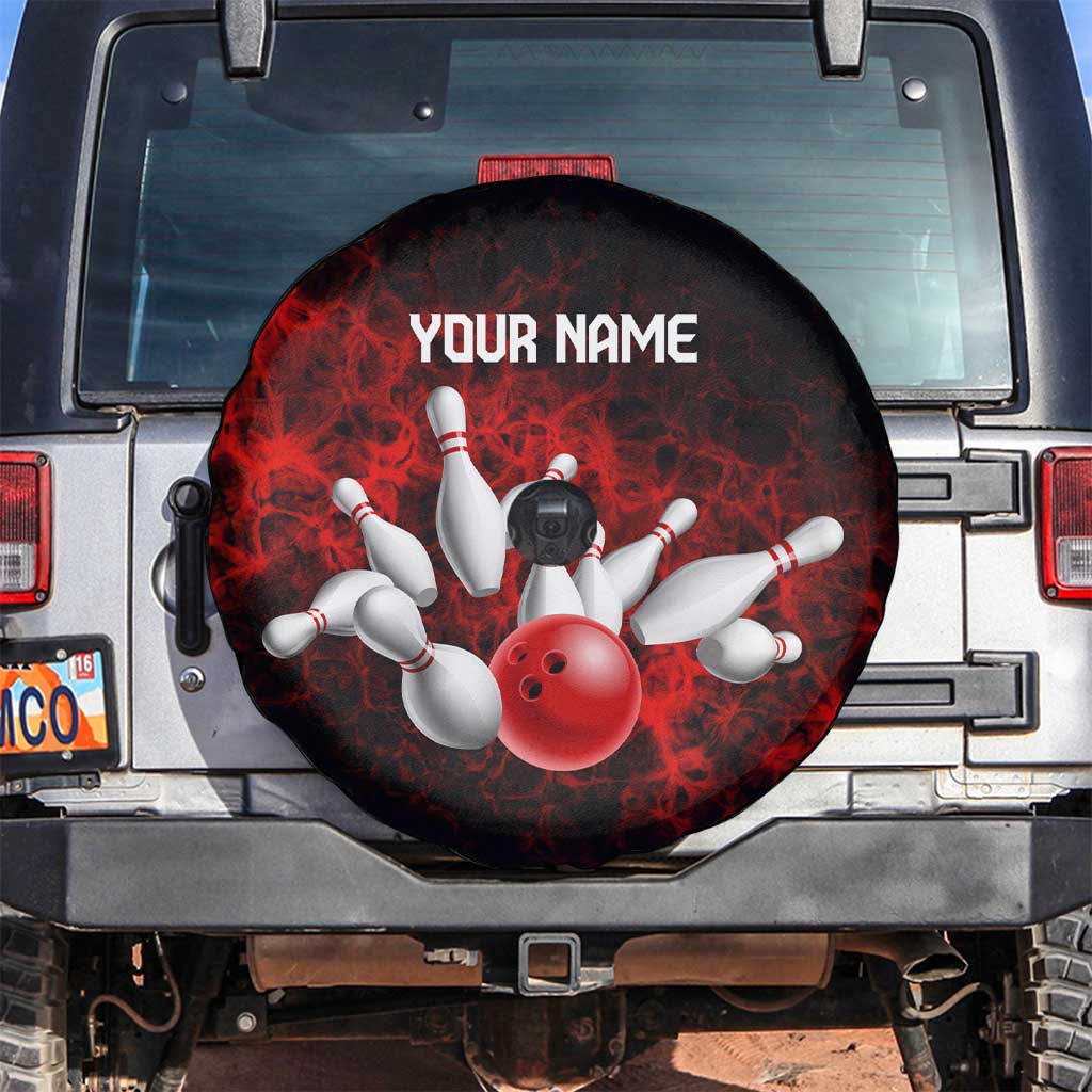 Red Bowling Ball and Pins Design Spare Tire Cover with Fiery Smoke Background and Custom Team Name Text TS04