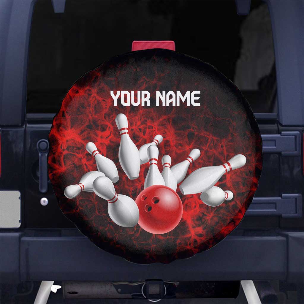Red Bowling Ball and Pins Design Spare Tire Cover with Fiery Smoke Background and Custom Team Name Text TS04