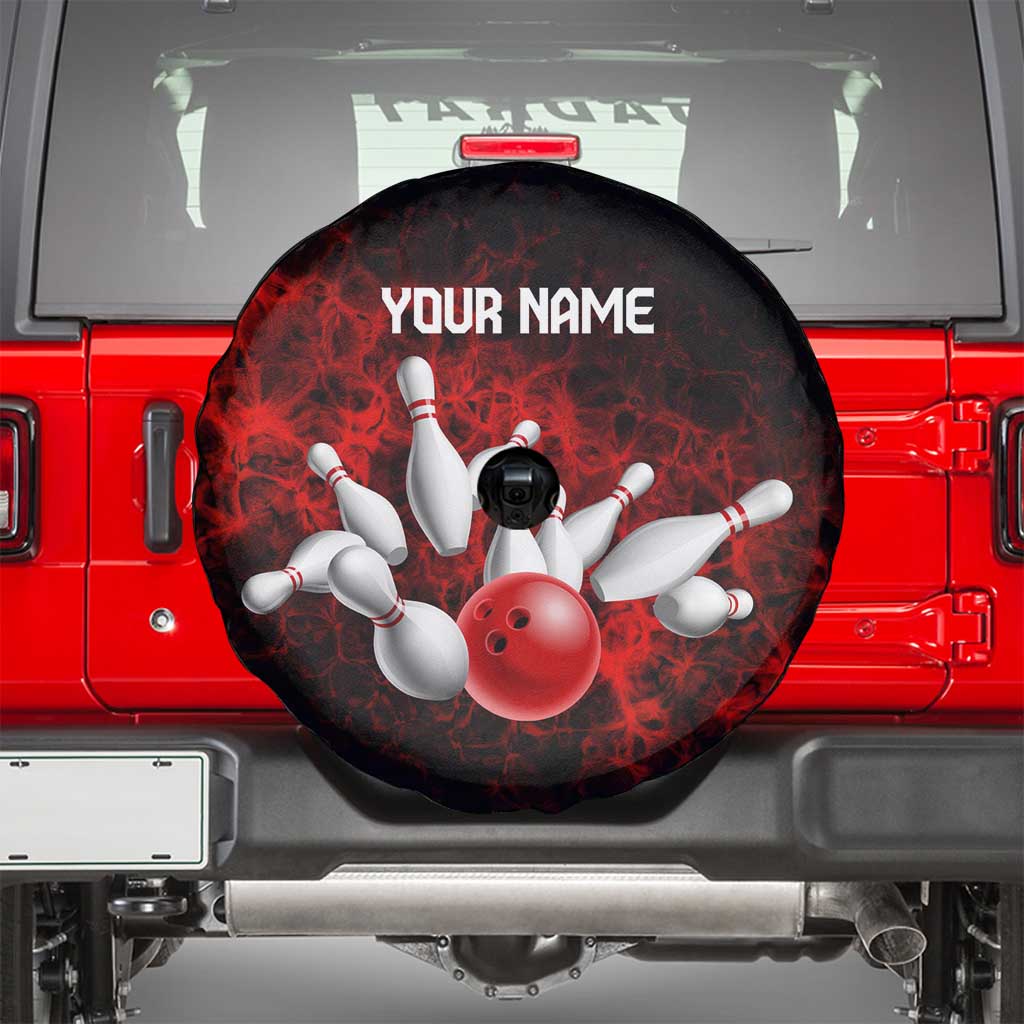 Red Bowling Ball and Pins Design Spare Tire Cover with Fiery Smoke Background and Custom Team Name Text TS04