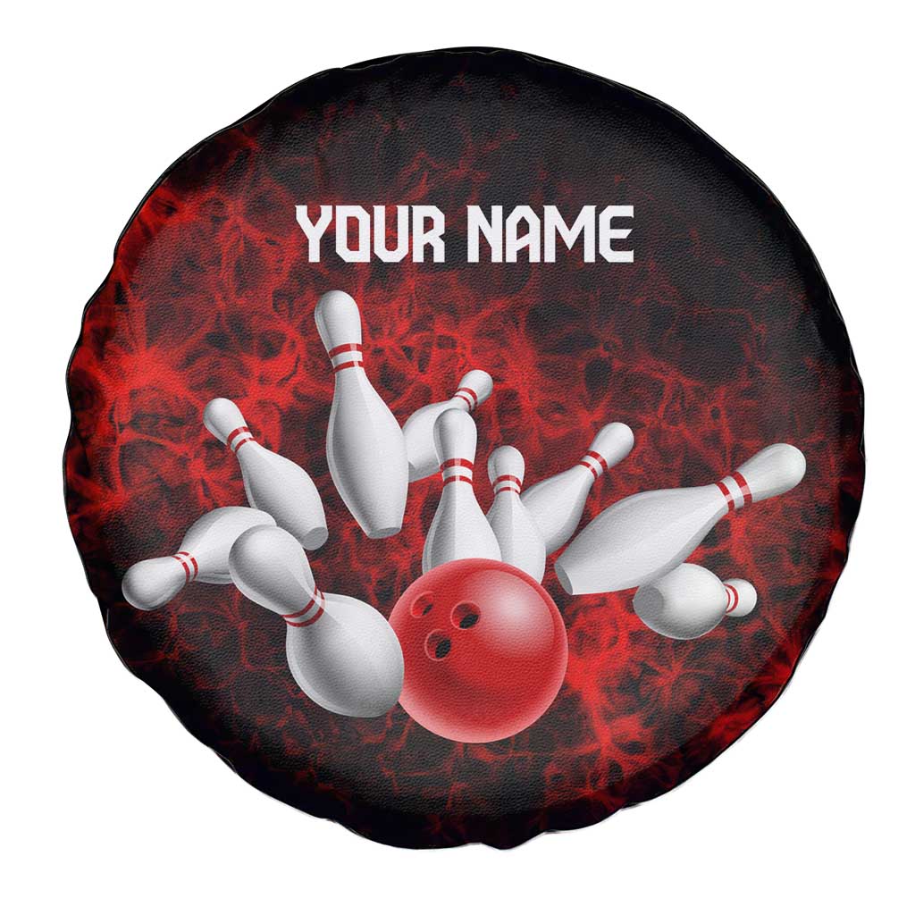 Red Bowling Ball and Pins Design Spare Tire Cover with Fiery Smoke Background and Custom Team Name Text TS04