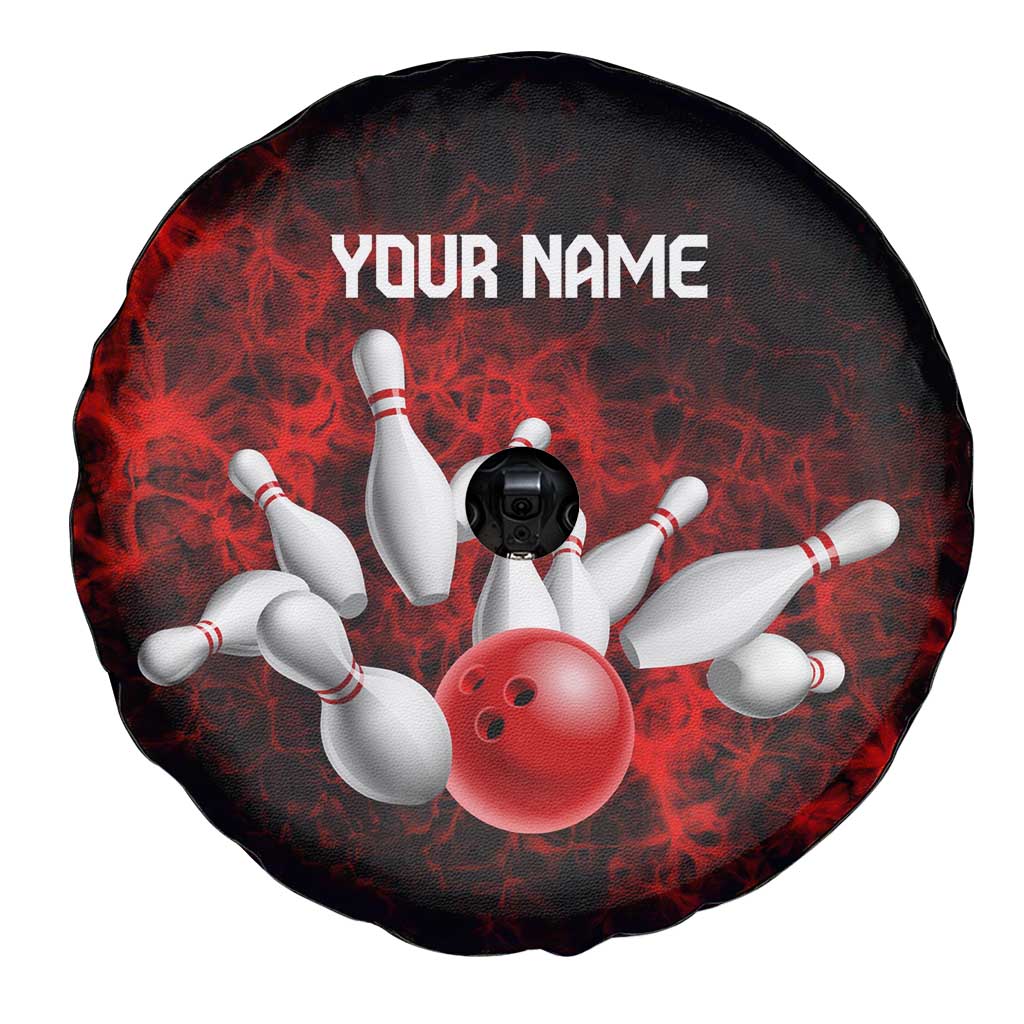 Red Bowling Ball and Pins Design Spare Tire Cover with Fiery Smoke Background and Custom Team Name Text TS04