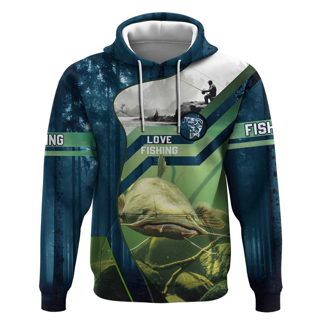 Catfish and Underwater Scene Design Hoodie with Forest Background and Fishing Theme Elements TS04