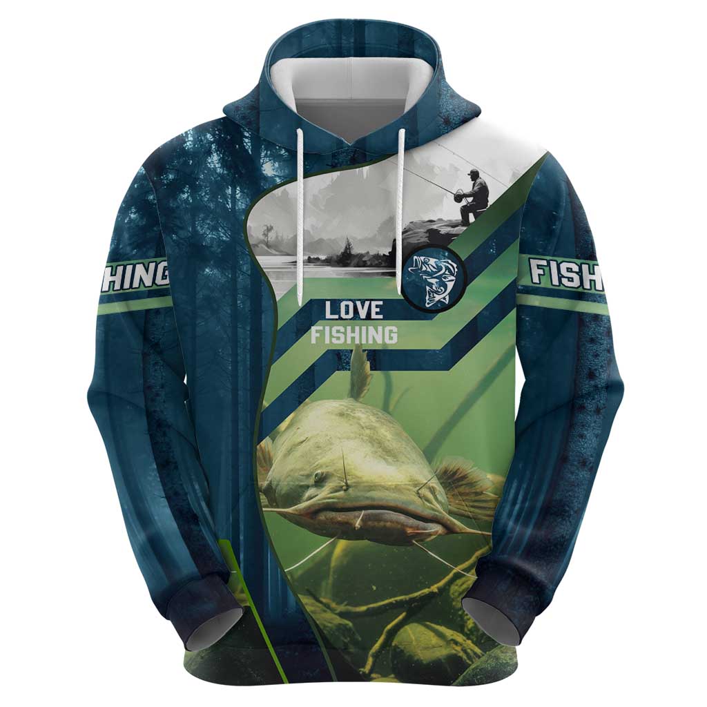 Catfish and Underwater Scene Design Hoodie with Forest Background and Fishing Theme Elements TS04