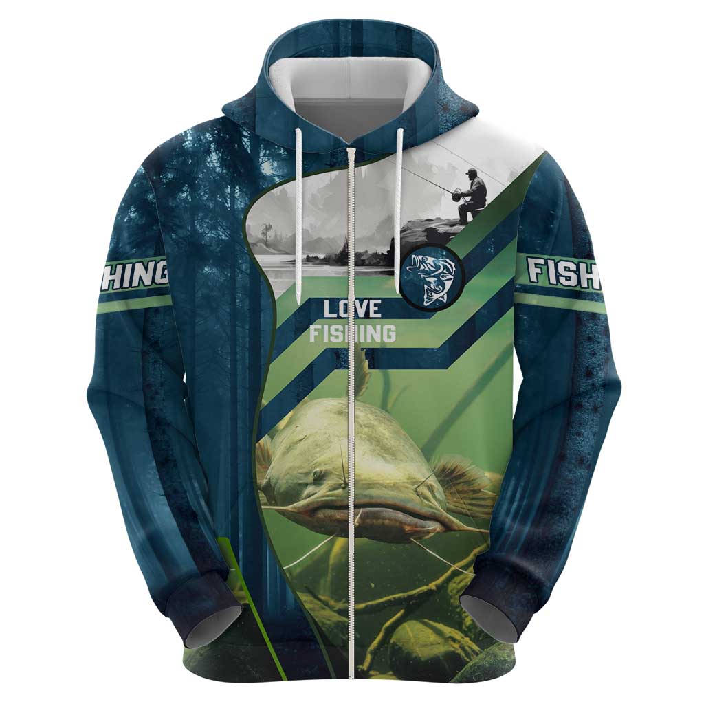 Catfish and Underwater Scene Design Hoodie with Forest Background and Fishing Theme Elements TS04