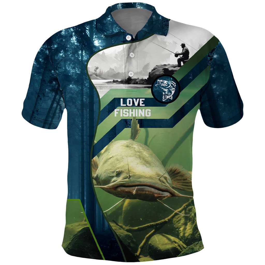 Catfish and Underwater Scene Design Polo Shirt with Forest Background and Fishing Theme Elements TS04