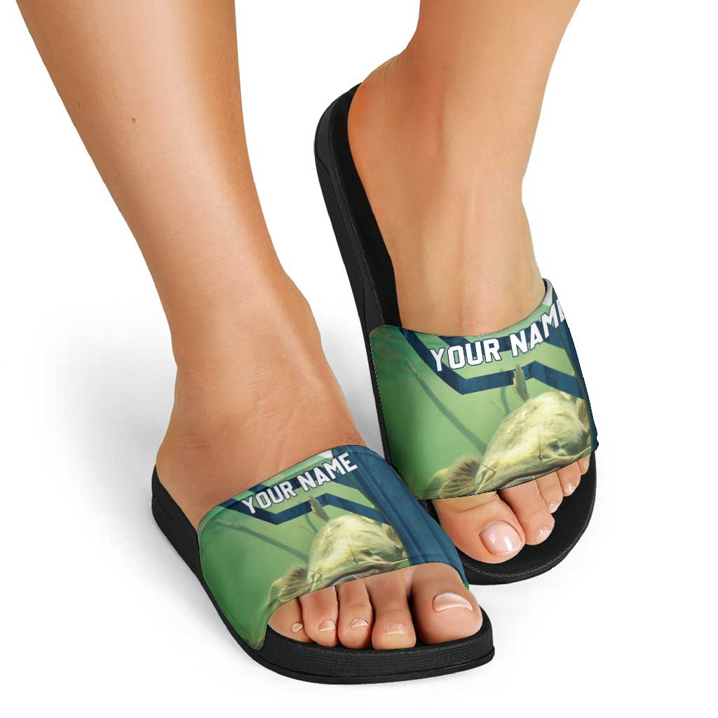 Catfish and Underwater Scene Design Slide Sandals with Forest Background and Fishing Theme Elements TS04
